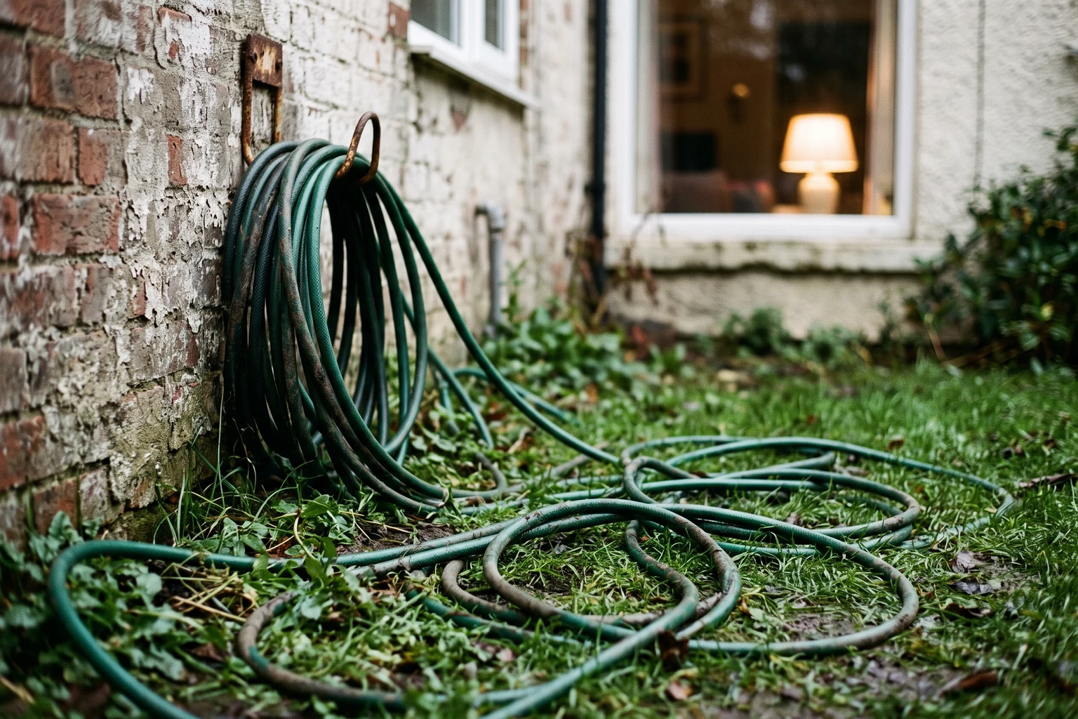 A green garden hose coiled on a hook and sprawling across grass beside a brick wall.