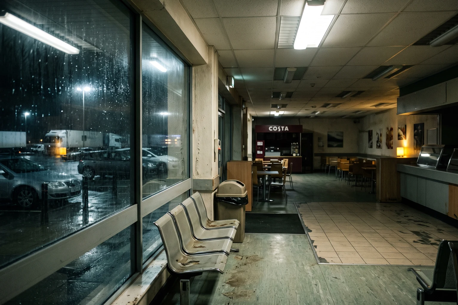 The empty seating area of a motorway service station at night, fluorescent light, a wet car park beyond the glass.