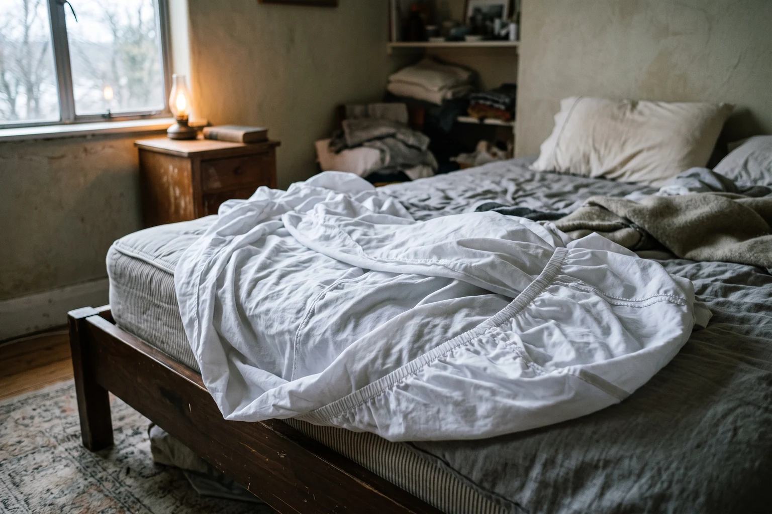A white fitted sheet half pulled from a bed, its elastic corners bunched, in a plain bedroom.